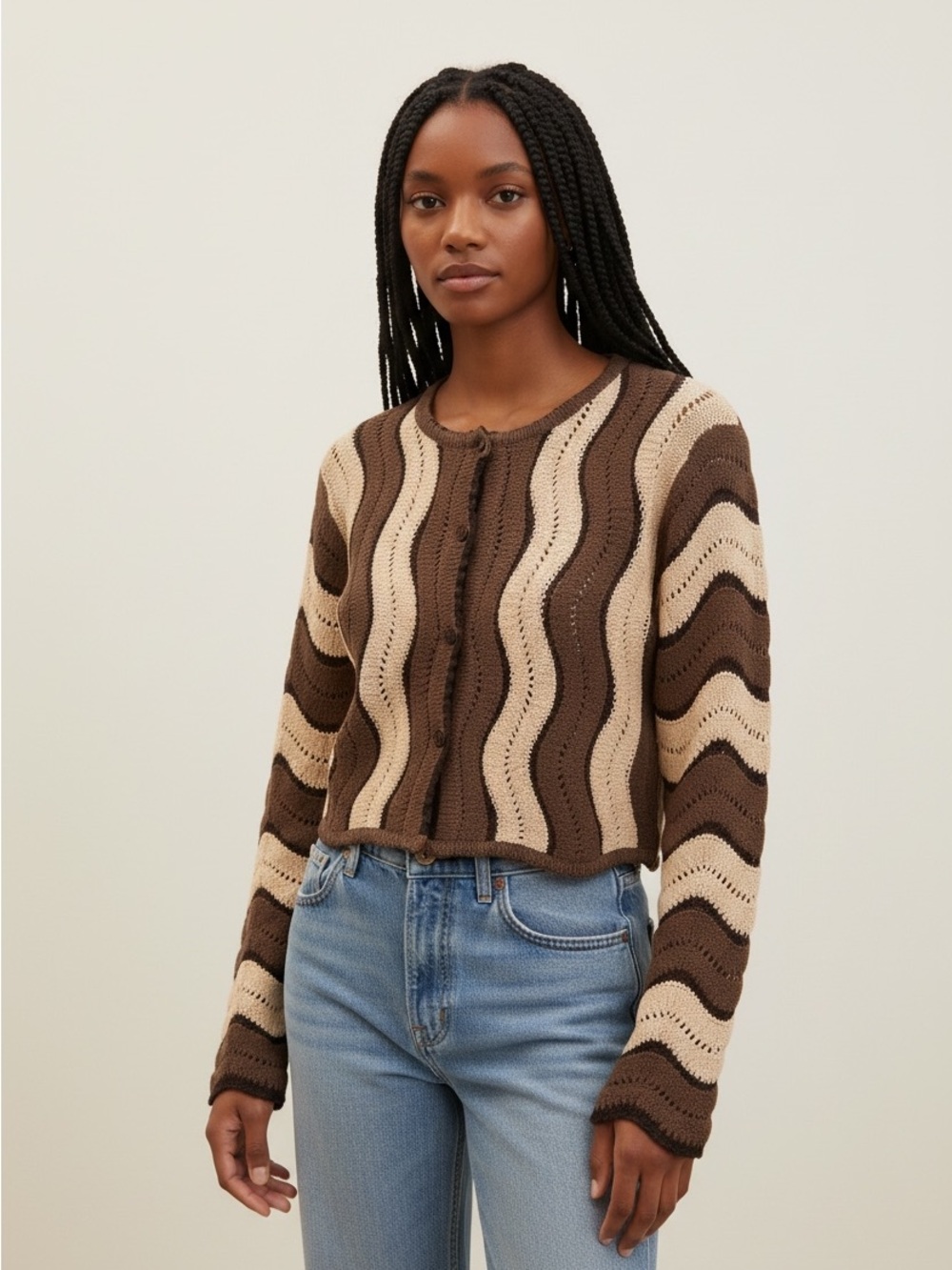 12th Tribe Brown & Cream Wave-Stripe Cropped Cardigan